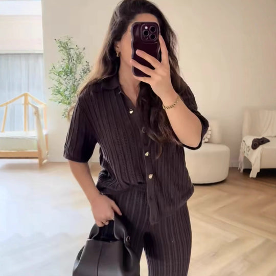 Damen Weite Strickpalazzo-Hose mit Elastischem Bund und Eleganter Struktur EB