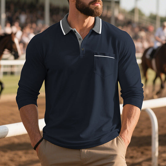 Herren Langarm-Poloshirt mit strukturiertem Design und modischer Brusttasche EB