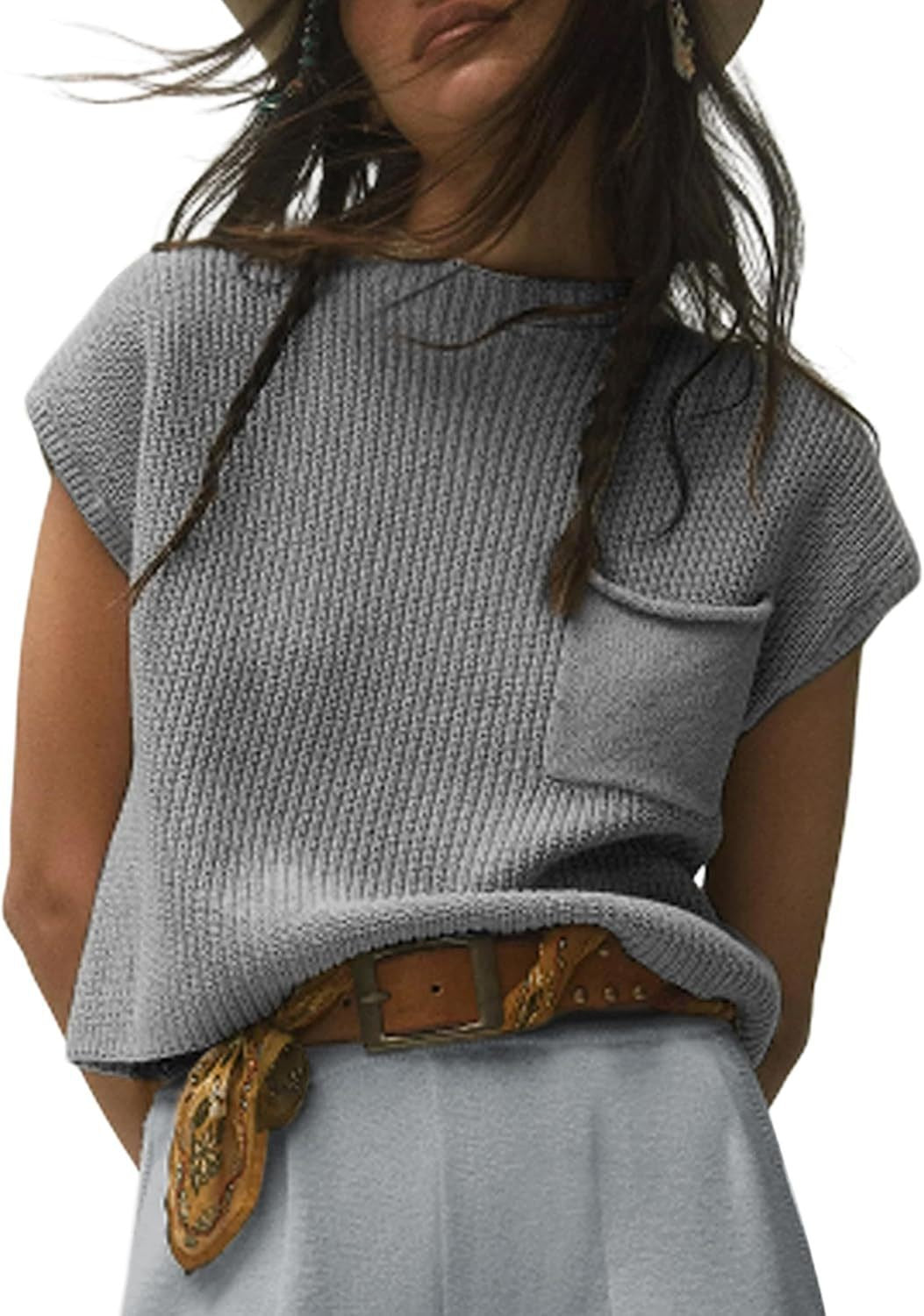 Damen lässiger Strickpullover mit strukturierter Oberfläche und Brusttasche EB