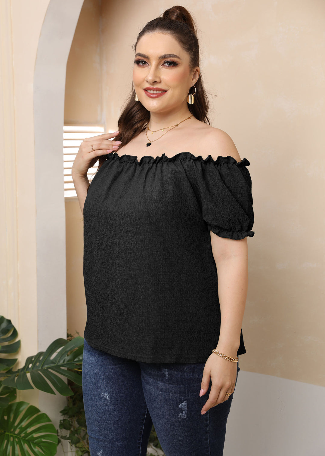 Damen Off-Shoulder Oberteil mit Volant EB