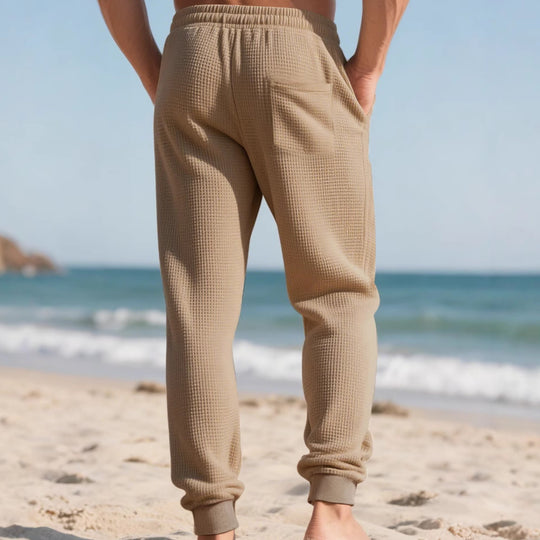 Herren nan Waffelstruktur-Loungehose mit elastischem Bund Kordelzug und Eingrifftaschen EB