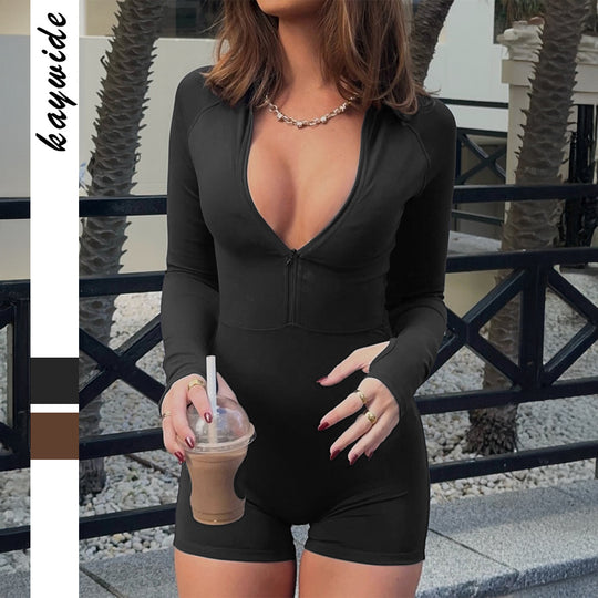 Damen nan figurbetonter Zip-Body mit tiefem V-Ausschnitt, Raglanärmeln, Daumenloch und High-Waist-Shortschnitt EB
