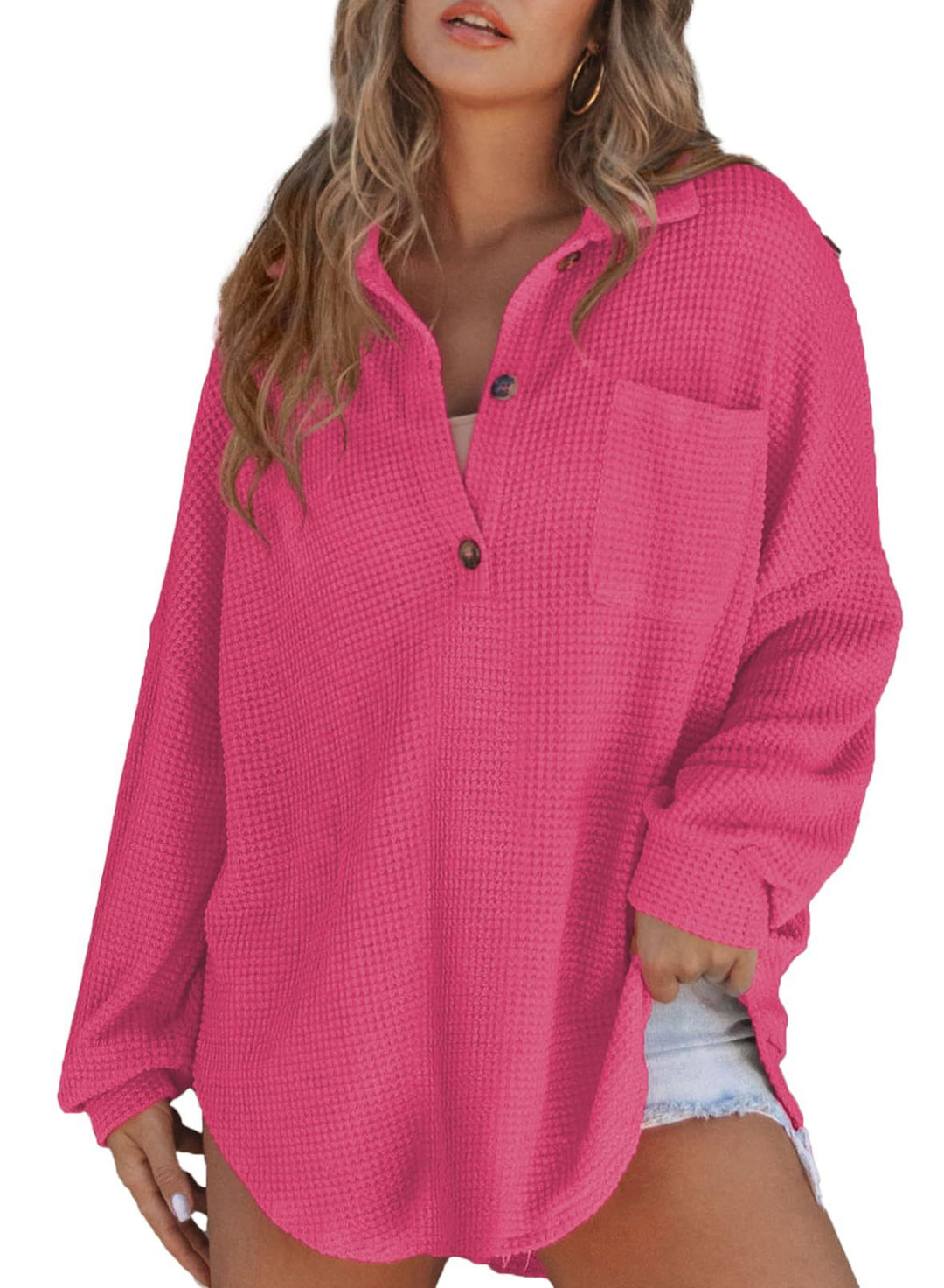 Damen Waffelstruktur Langarmshirt mit Knopfleiste und Brusttasche EB