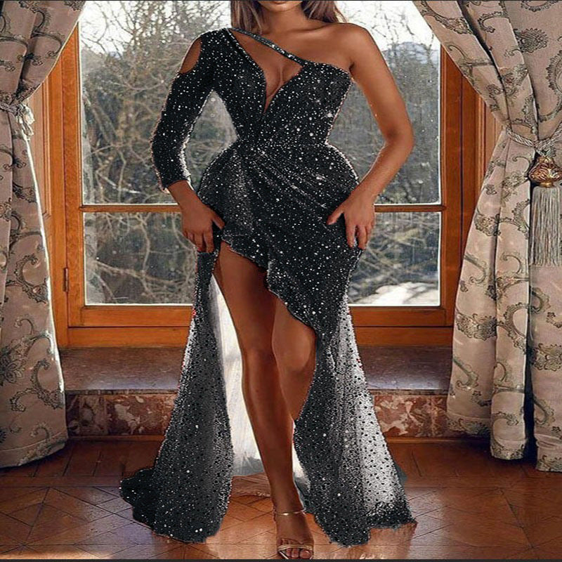 EB | Puff Kurzarm Tailliertes Pailletten Midi Partykleid