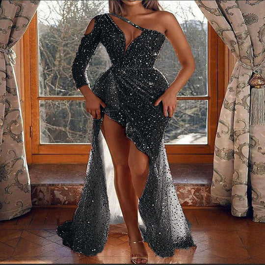 EB | Puff Kurzarm Tailliertes Pailletten Midi Partykleid