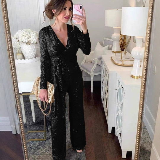 Damen Eleganter Jumpsuit mit V-Ausschnitt und schimmerndem Detail EB