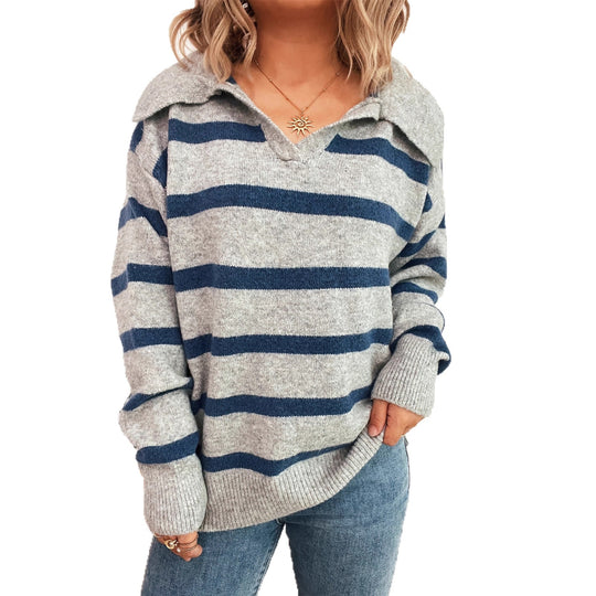 Damen lässiger Streifenpullover mit weitem Kragen und modischem Schnitt EB