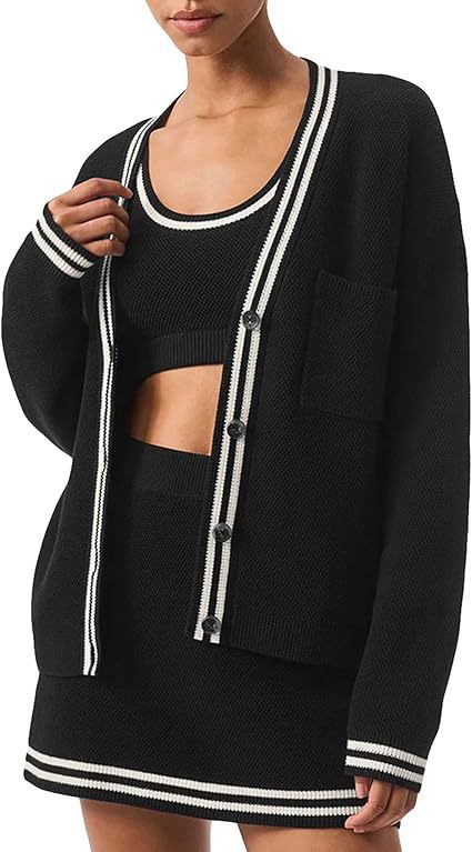 Damen lässiger Strickcardigan mit Kontraststreifen und Taschen EB