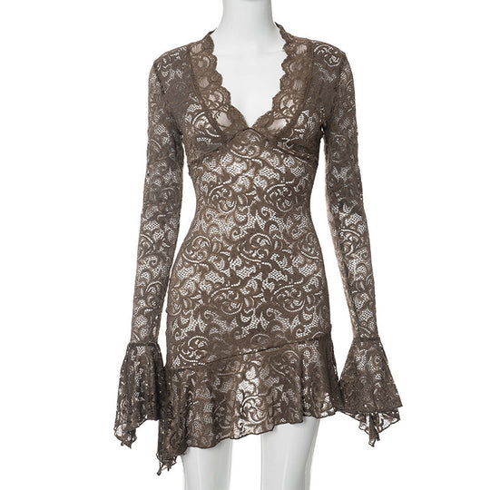 Damen Spitzenkleid mit raffinierten Ärmeln und elegantem V-Ausschnitt EB