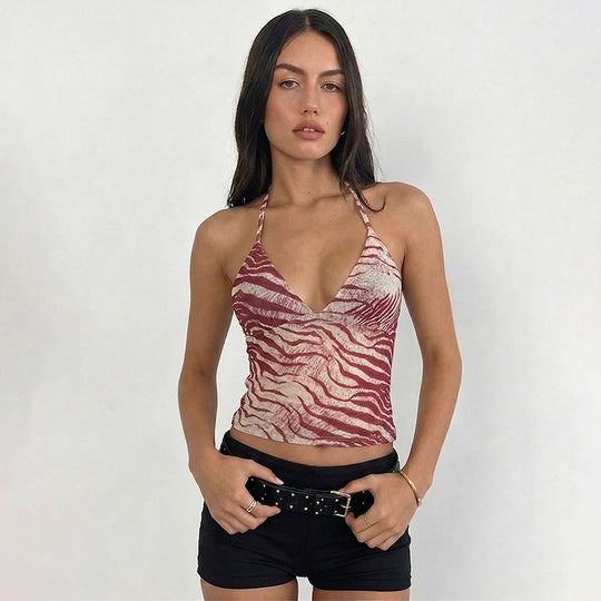 Damen Halter-Top mit exotischem Tiermuster und figurbetontem Schnitt EB