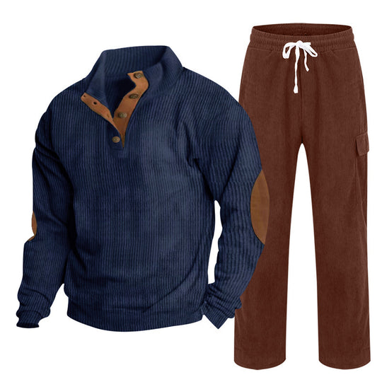 Herren nan Strick-Freizeitset mit Knopfleiste und Ellenbogenaufnähern sowie Cord-Cargohose EB