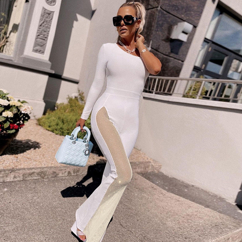 Damen edler Sport-Jumpsuit mit asymmetrischem Schnitt und Mesh-Einsätzen EB