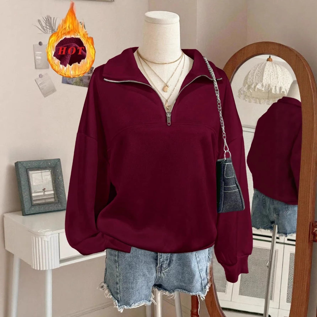 Damen nan Oversize Sweatshirt mit halbem Reißverschluss, Stehkragen und Ballonärmeln EB