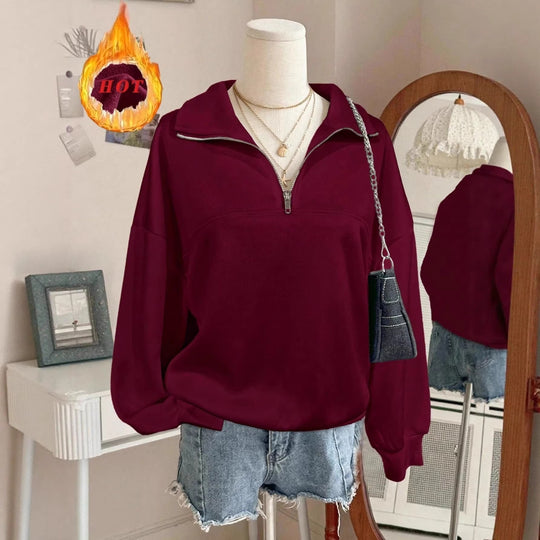 Damen nan Oversize Sweatshirt mit halbem Reißverschluss, Stehkragen und Ballonärmeln EB