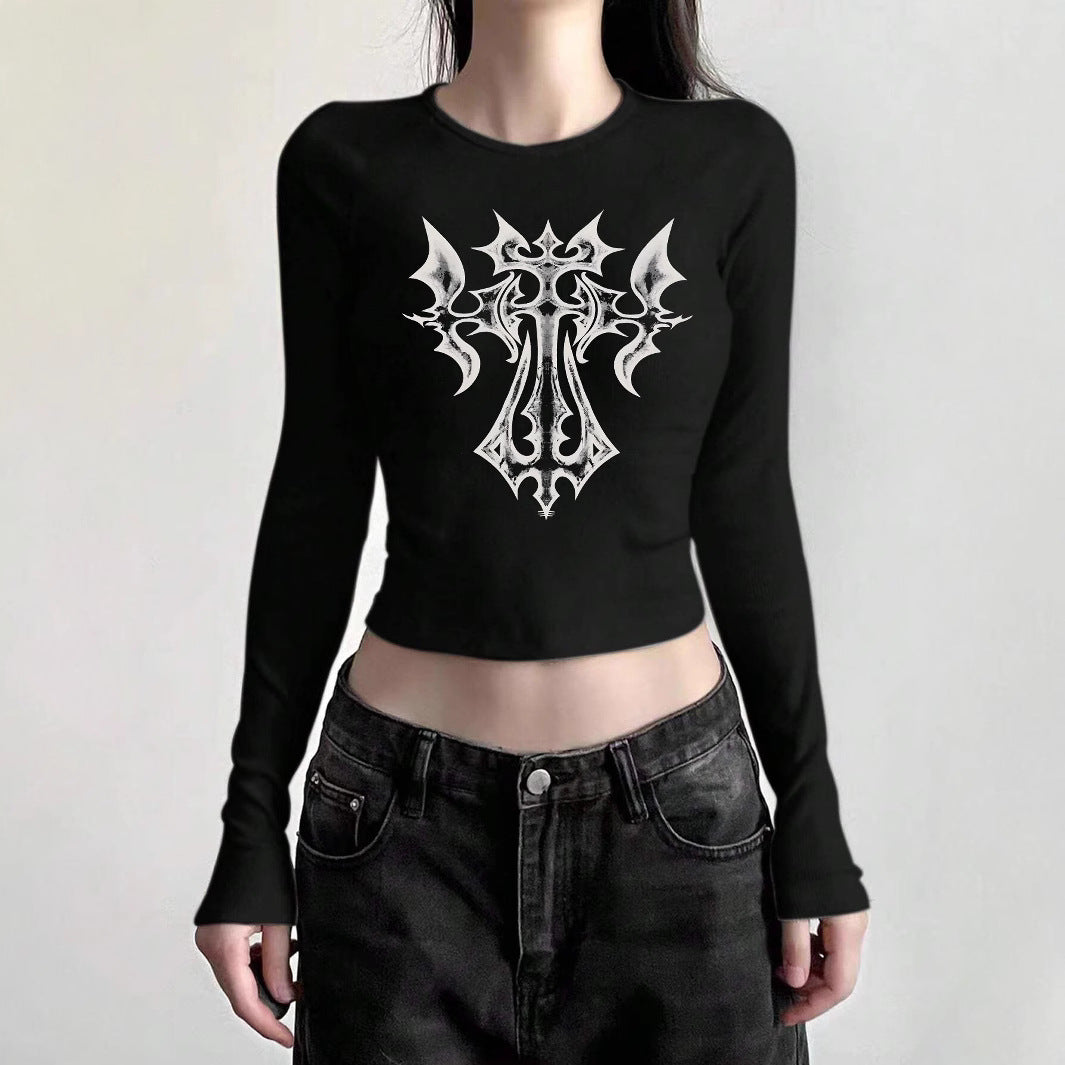 Damen nan figurbetontes langärmeliges Cropped-Shirt mit fotorealistischer Lippen-Collage und schmaler Passform EB