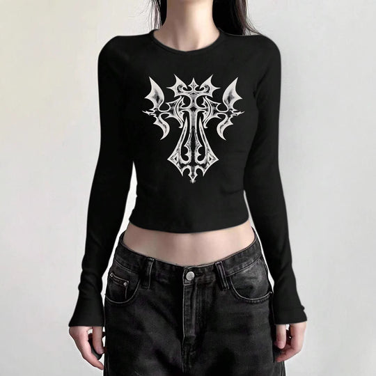 Damen nan figurbetontes langärmeliges Cropped-Shirt mit fotorealistischer Lippen-Collage und schmaler Passform EB