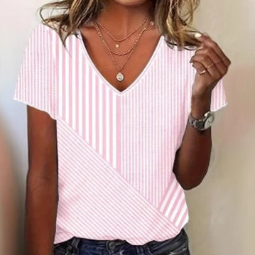 Damen V-Ausschnitt T-Shirt im modernen Streifen-Design Heidi-Mode