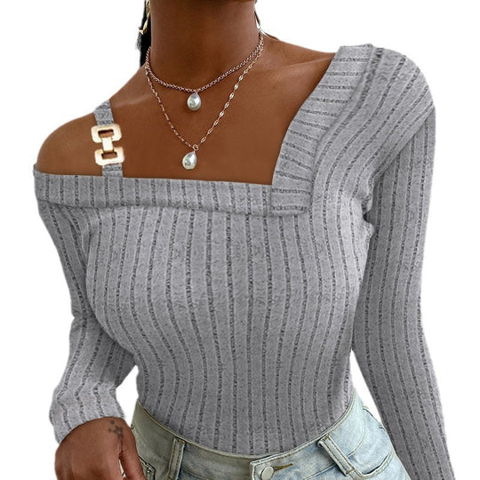 Damen Langarm-Oberteil mit asymmetrischem Ausschnitt und dekorativem Design EB