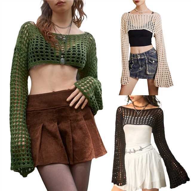 Damen luftiges gehäkeltes Crop-Top mit langen Ärmeln EB