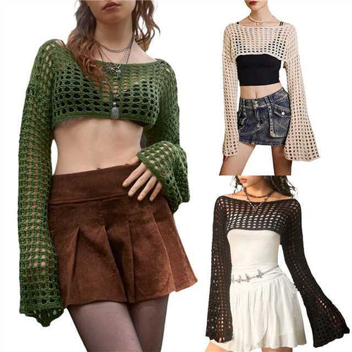 Damen luftiges gehäkeltes Crop-Top mit langen Ärmeln EB