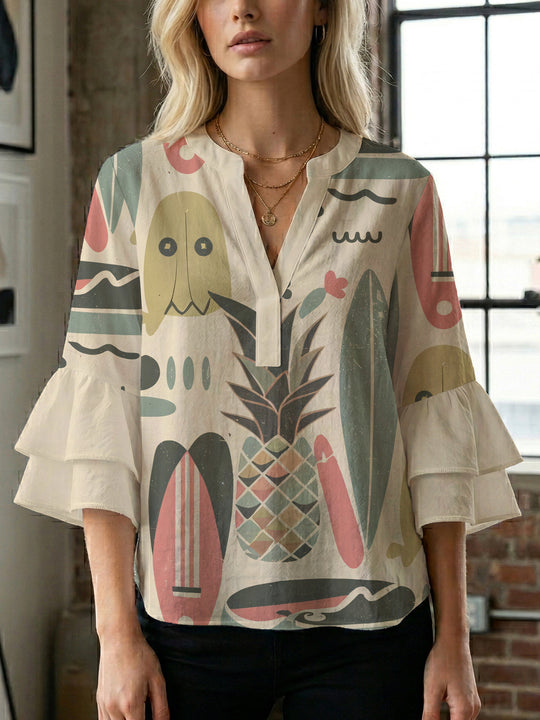 Damen Bluse mit voluminösen Rüschenärmeln und floralem Druck EB