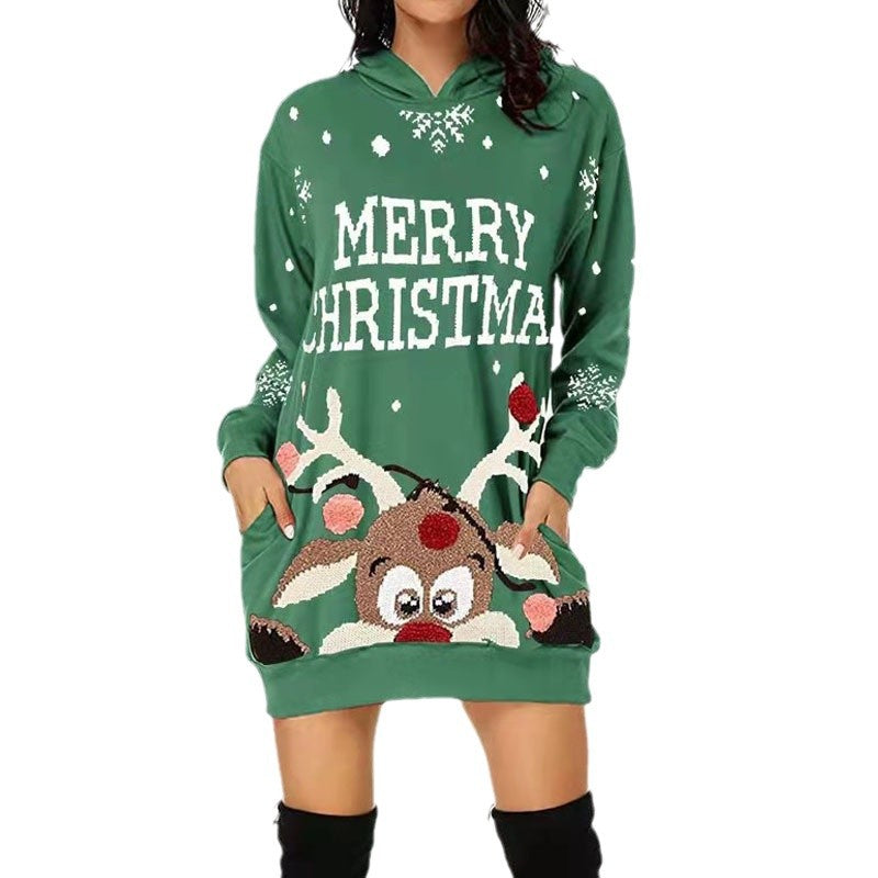 Damen Weihnachtlicher Hoodie-Kleid mit Kapuze und Taschen EB