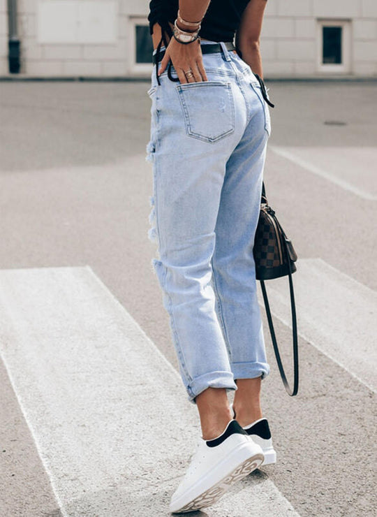 Damen Ripped Boyfriend Jeans im lässigen Vintage-Stil mit hohem Bund EB