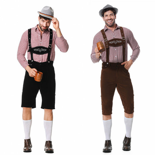 Herren nan kurze Trachtenlederhose in Veloursleder-Optik mit besticktem Brustlatz und verstellbaren Trägern EB