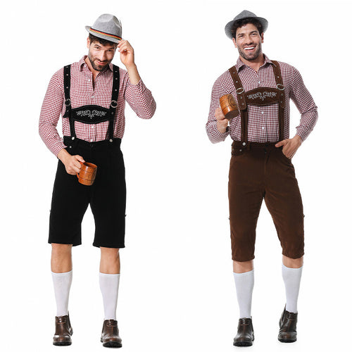 Herren nan kurze Trachtenlederhose in Veloursleder-Optik mit besticktem Brustlatz und verstellbaren Trägern EB