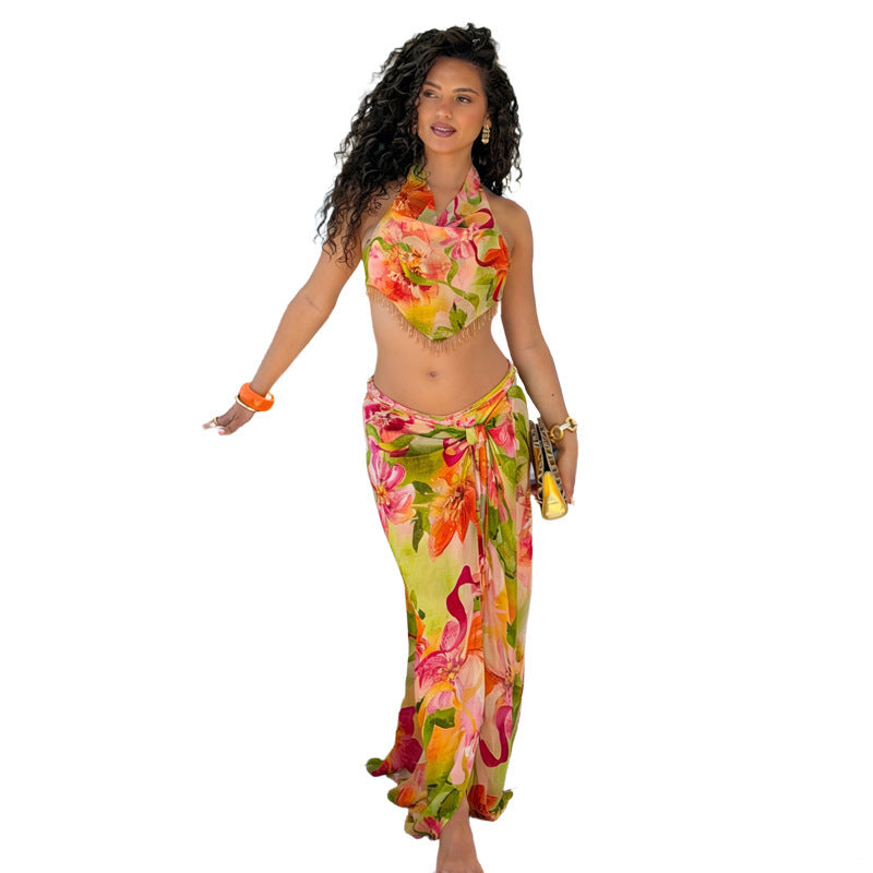 Damen florales Wickelkleid mit glamourösen Fransen und tiefem V-Ausschnitt EB