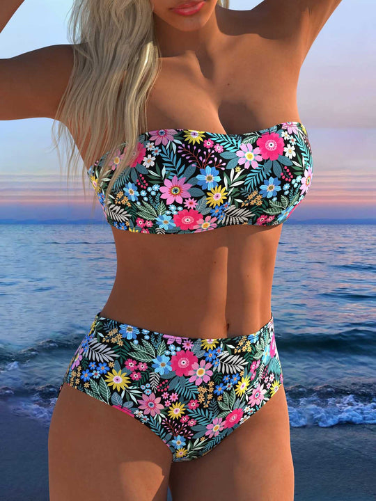 Damen Bandeau Bikini-Set mit tierischem Muster und hohem Taillenbund EB