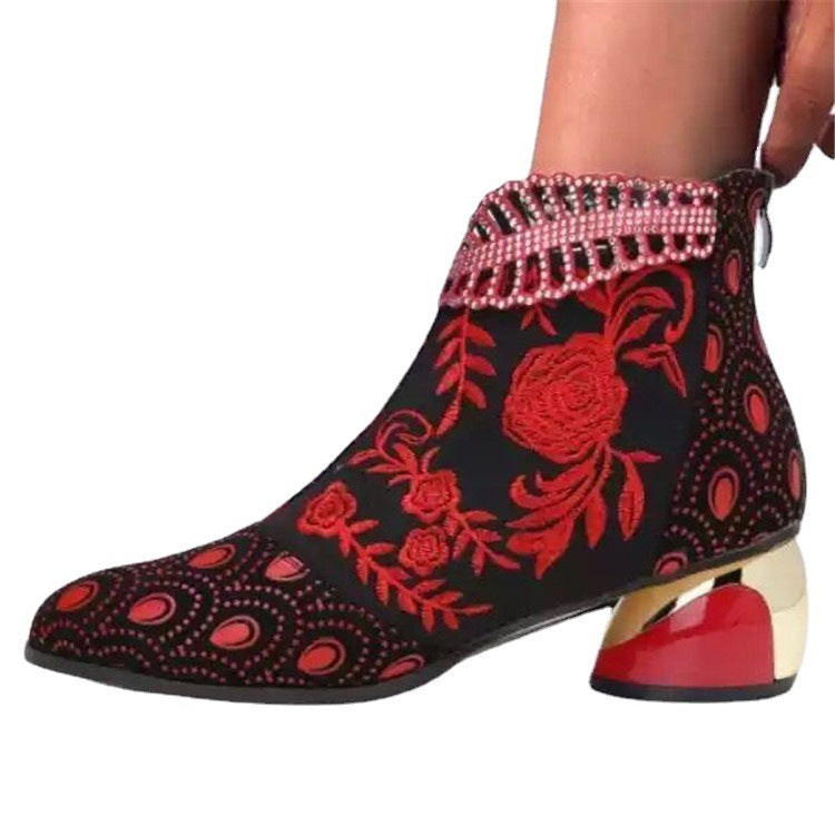 Damen nan bestickte Ankle-Boots mit Samteinsatz Perlenbesatz und skulptiertem Blockabsatz EB