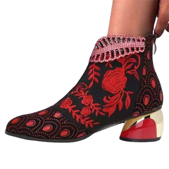 Damen nan bestickte Ankle-Boots mit Samteinsatz Perlenbesatz und skulptiertem Blockabsatz EB