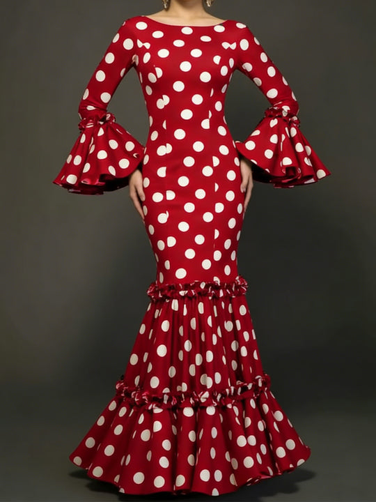 Damen Elegantes Maxikleid mit auffälligem Volant und Polka-Dots EB