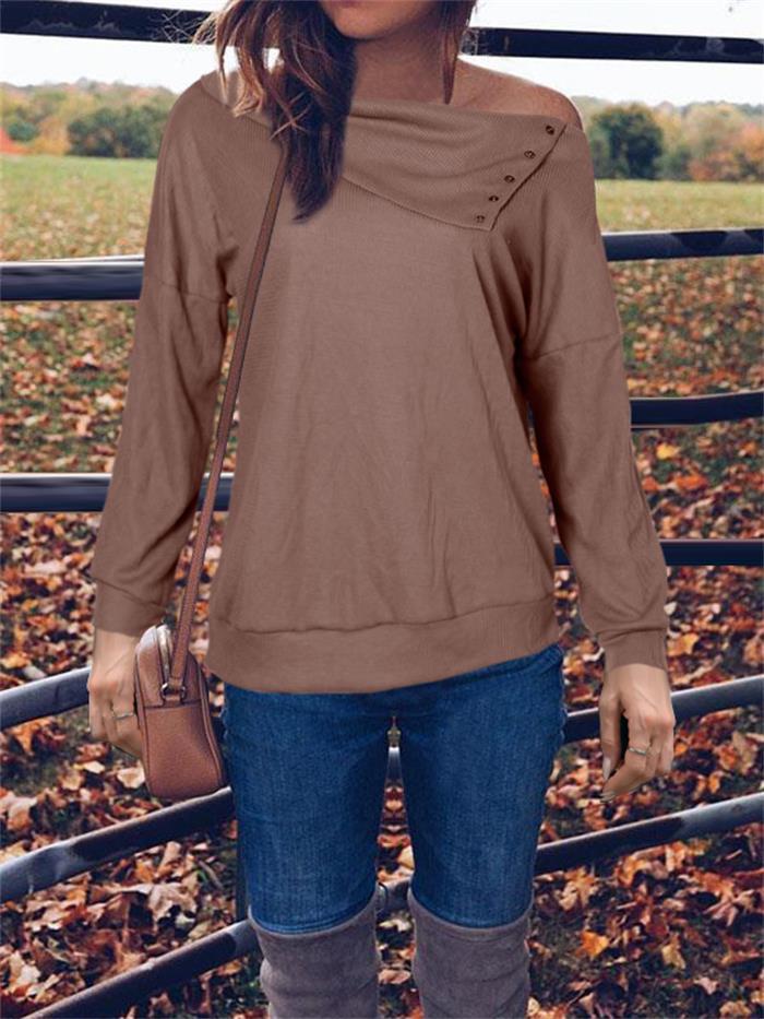 Damen eleganter Oversized Pullover mit asymmetrischem Halsausschnitt und Knopfdetails EB