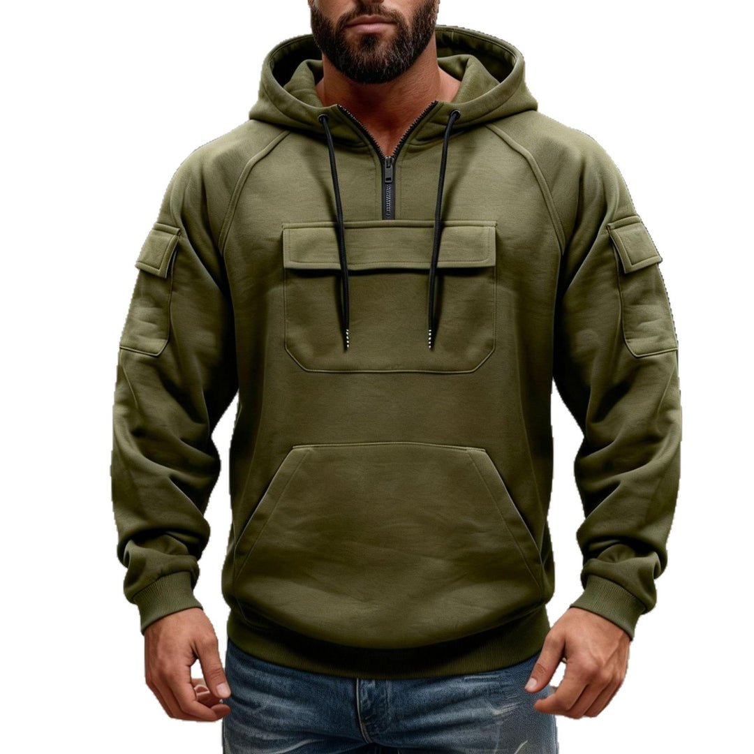 Herren nan funktionaler Kapuzenpullover mit halbem Frontreißverschluss, aufgesetzter Fronttasche mit Klappe und Kängurutasche EB