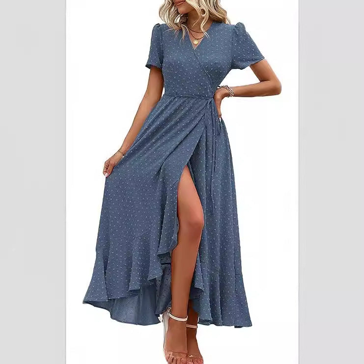 Damen Wickelmaxikleid mit eleganter Raffung und asymmetrischem Saum EB
