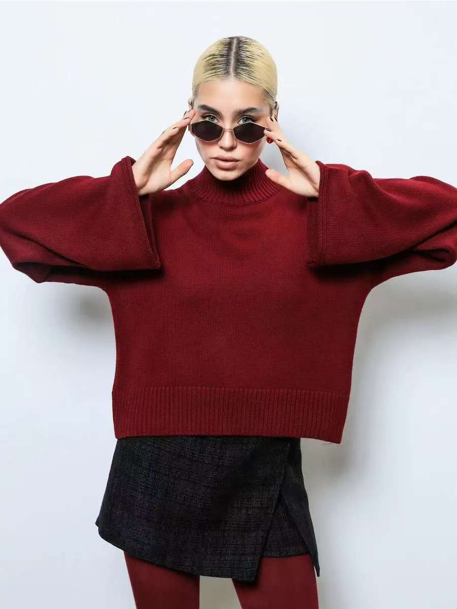Damen Eleganter Oversized Pullover mit weitem Schnitt und Stehkragen EB