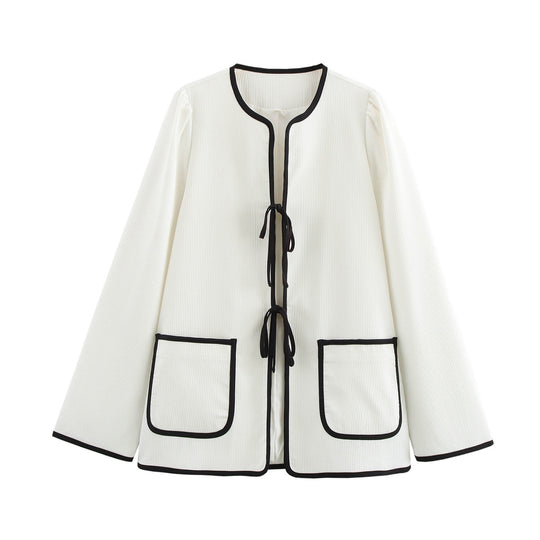 Damen modische Überziehjacke mit eleganten Binde-Details und praktischen Taschen EB