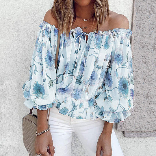 Damen Off-Shoulder Bluse mit floralen Mustern und Rüschendetails EB
