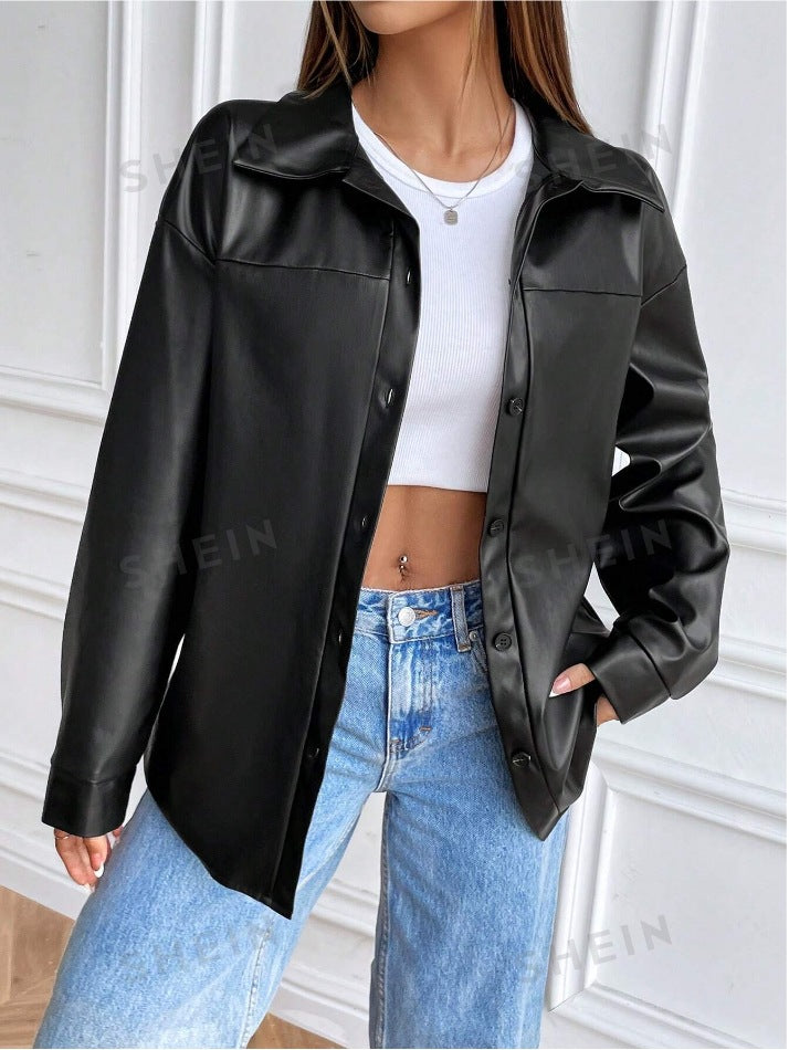 Damen modische Kunstlederjacke im schicken Oversized-Stil EB