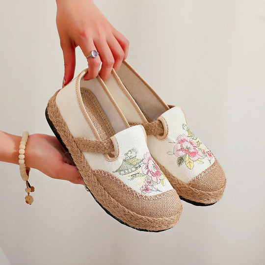 Damen klassische Espadrilles mit handgestickten Blumenmotiven EB