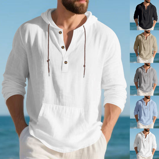 Herren nan leichtes Leinen-Henley-Kapuzenoberteil mit Kängurutasche und lässigem Relax-Fit EB