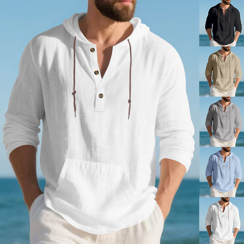 Herren nan leichtes Leinen-Henley-Kapuzenoberteil mit Kängurutasche und lässigem Relax-Fit EB