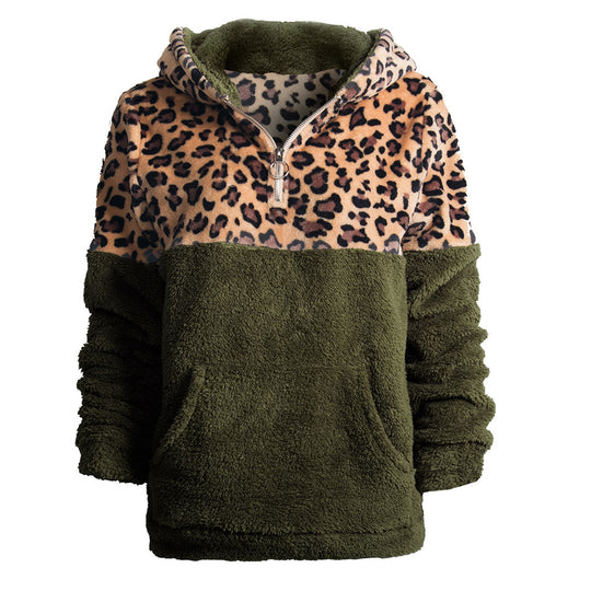 Damen kuscheliger Kapuzenpullover mit aufregendem Leopardenmuster und Kängurutasche EB