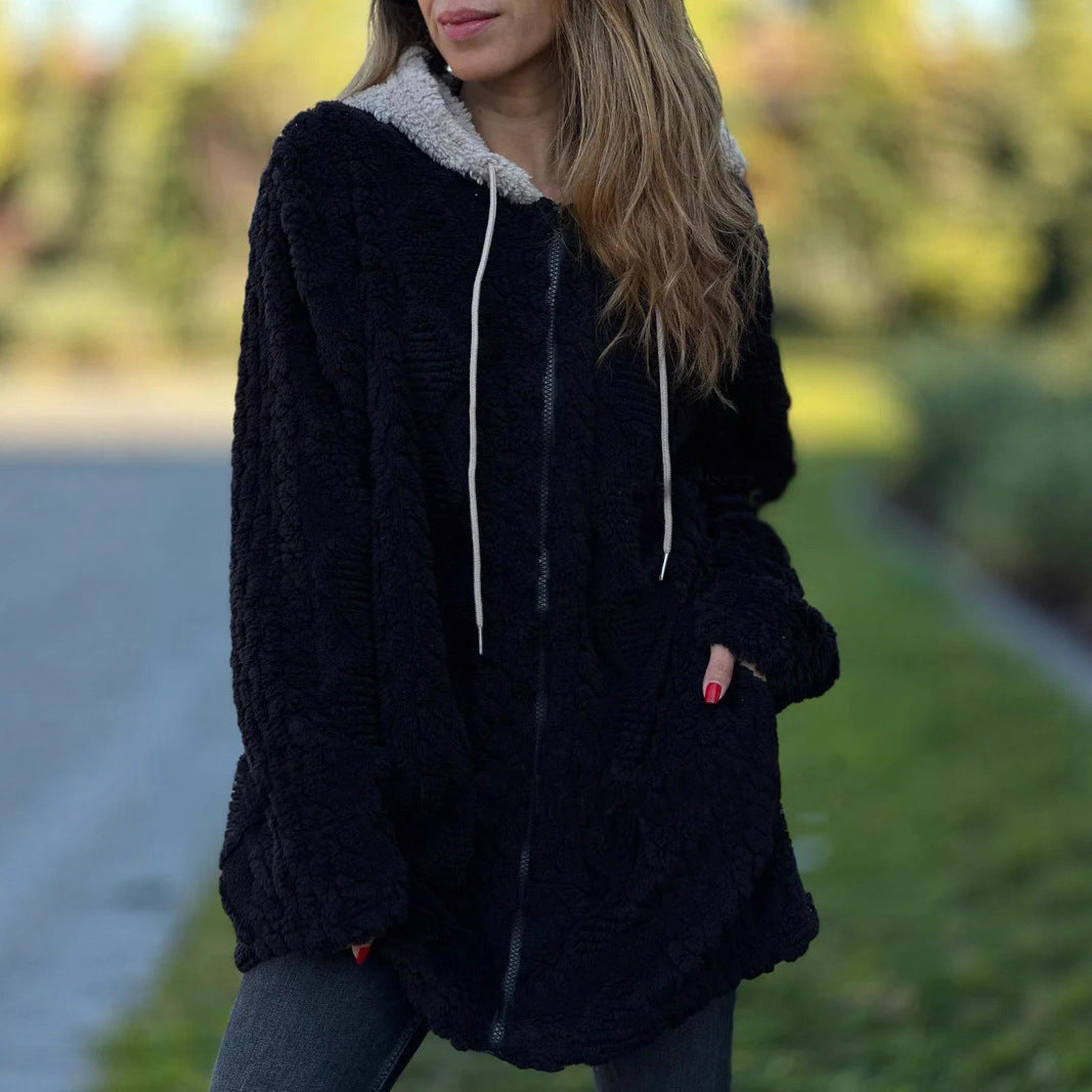 Damen nan oversized Teddy-Manteljacke mit Kontrastkapuze, Reißverschluss und Eingrifftaschen EB