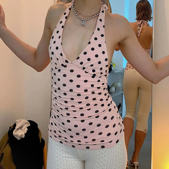 Damen Spaghetti-Trägertop mit Rüschen und verspieltem Punkte-Design EB