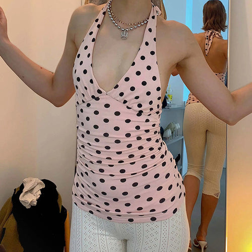Damen Spaghetti-Trägertop mit Rüschen und verspieltem Punkte-Design EB
