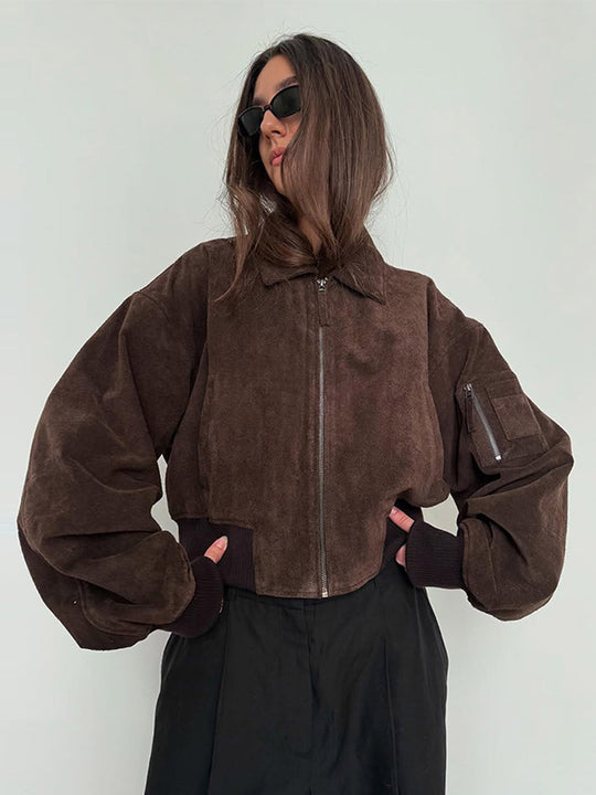 Damen Oversized Wildlederjacke mit gepolsterten Ärmeln EB
