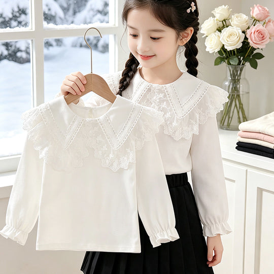 Mädchen Bluse mit romantischem Rüschenkragen und edlen Stickereien EB
